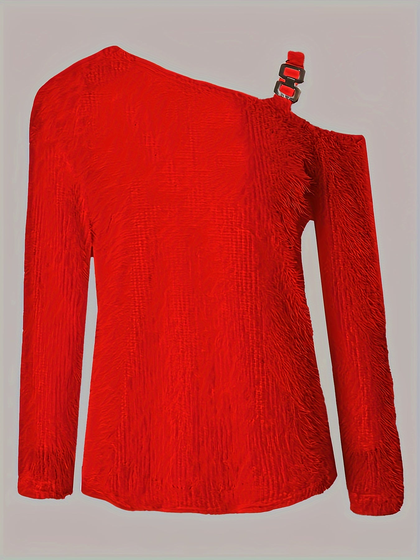 Plus Size Cold Shoulder Fuzzy Top - Soft, Chain Decor, Long Sleeve, Solid Color, Casual Wear for Spring & Fall - Women's Comfortable Clothing for Daily Life