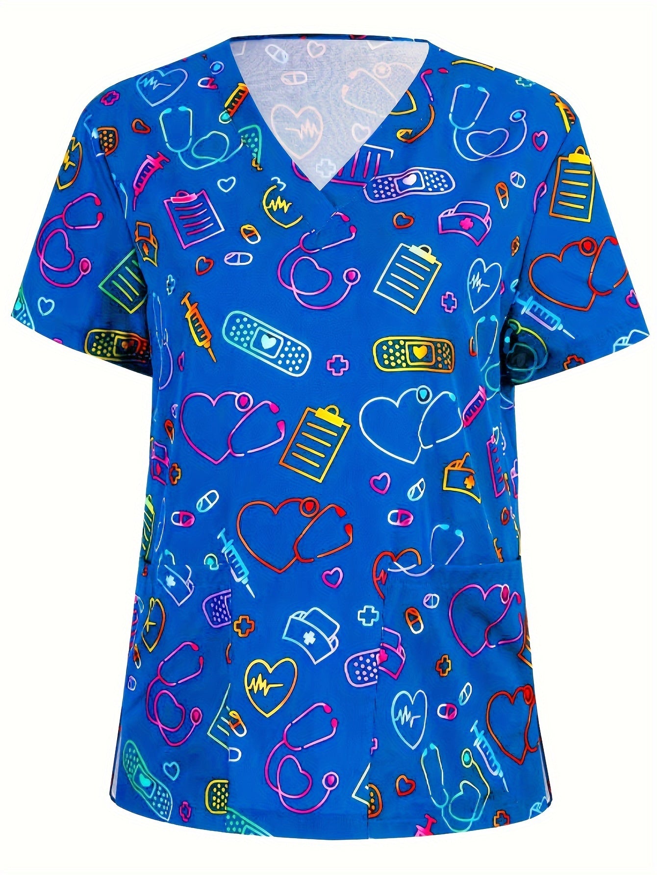 Blusas médicas con cuello en V y estampado de corazones, elegantes uniformes de enfermera con bolsillos de parche y manga corta, ropa para mujer