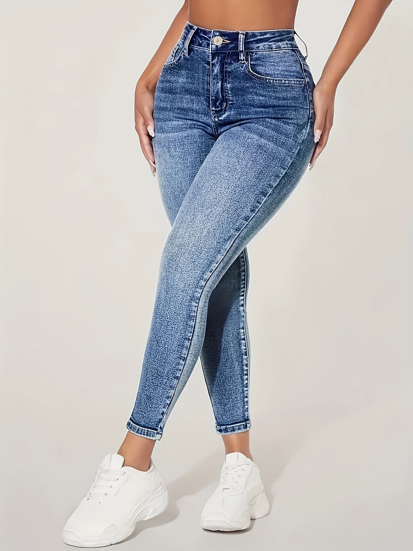 Women'S High Waist Stretch Skinny Jeans - Slim Fit, Butt Lifting, Blue Denim For Casual Everyday Wear