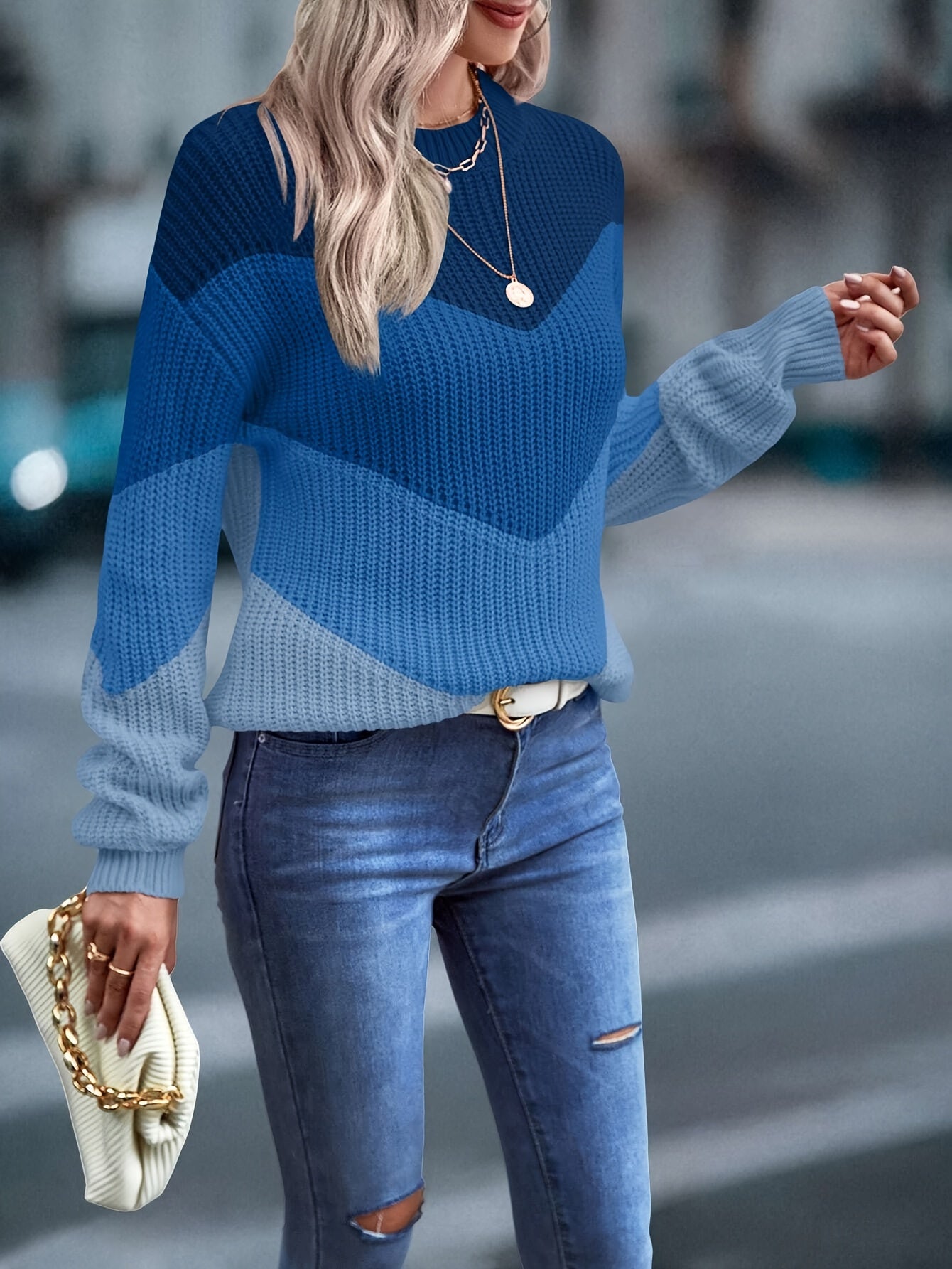 Color-Blocked V-Shaped Pattern Drop-Shoulder Sweater