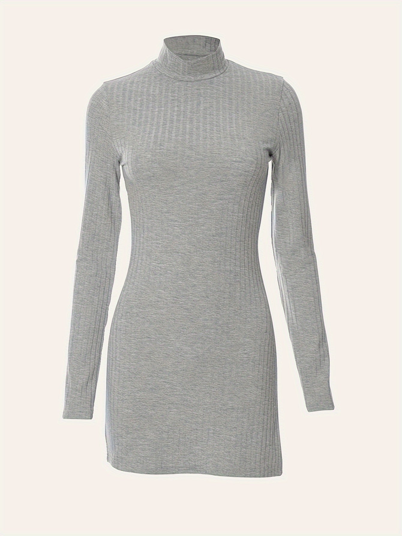 Fitted Long Sleeve Bodycon Dress with High Neck and Split Hem - Soft Cotton, High Elasticity, Solid Color, Middle Eastern Style - Perfect for Spring and Fall Seasons