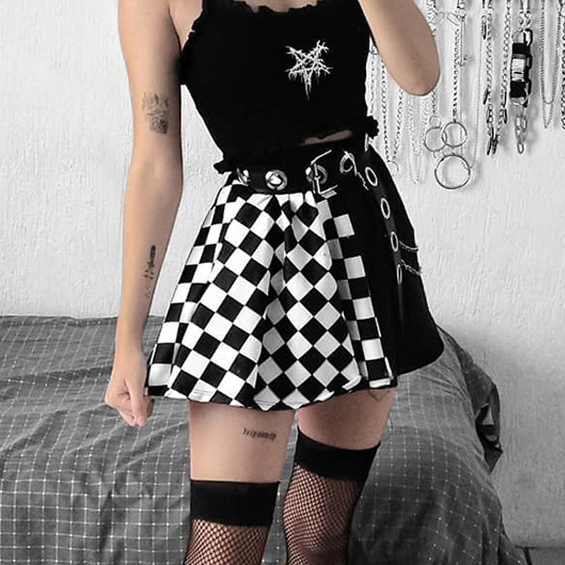 Chessboard Print Splicing Skirt, Gothic Ruched Punk Mini Skirt Without Belt, Women's Clothing