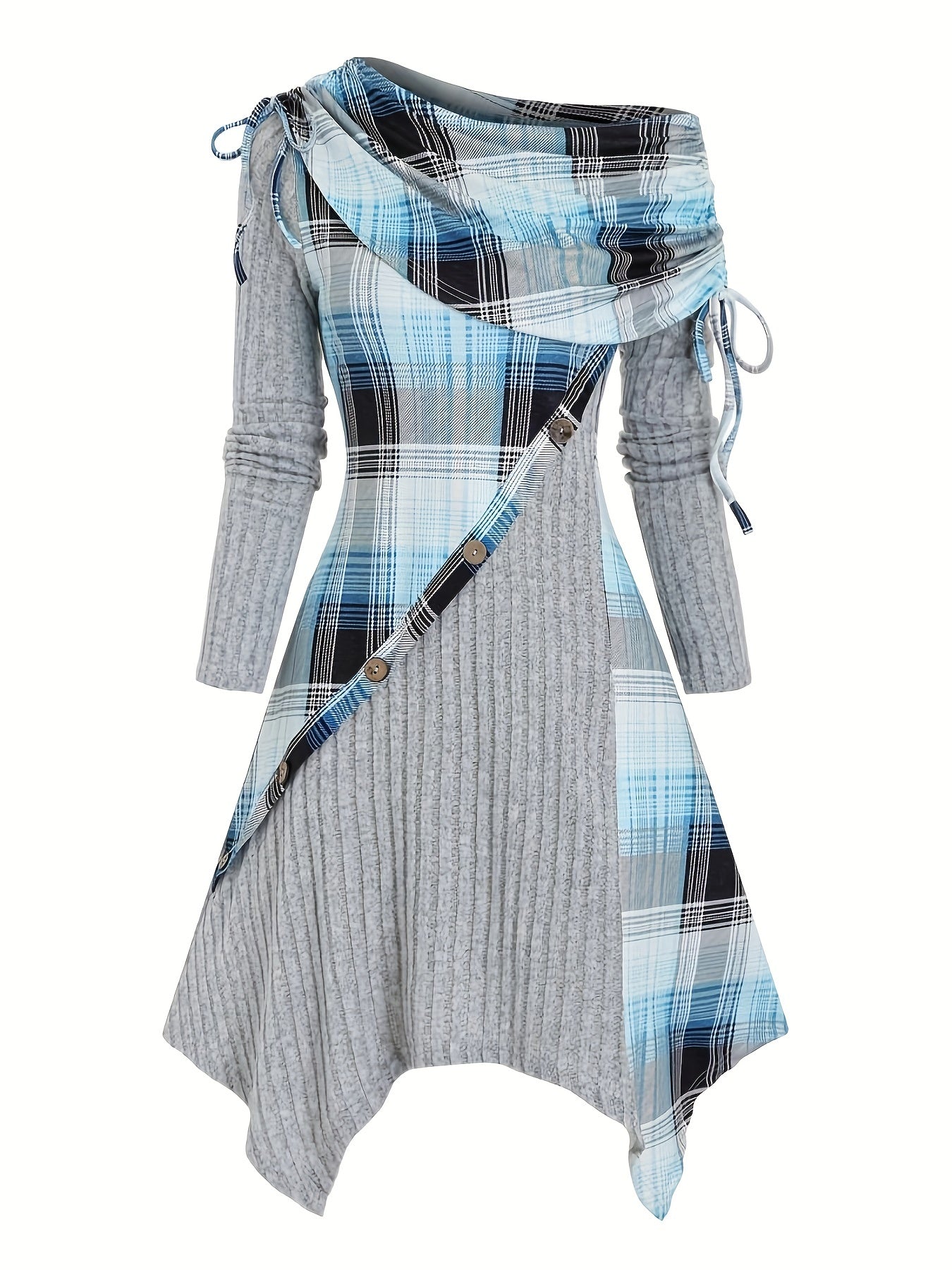 Vintage Elegance Plaid Dress - Asymmetrical Cowl Neck, Mid-Elastic Long Sleeve