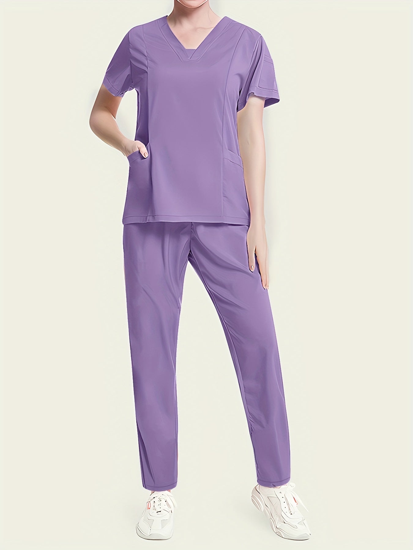 Conjunto médico de dos piezas con cuello en V, manga corta y pantalones elásticos, cómodo y de ajuste cómodo para mujeres | Uniformes médicos duraderos y de fácil cuidado para profesionales de la salud