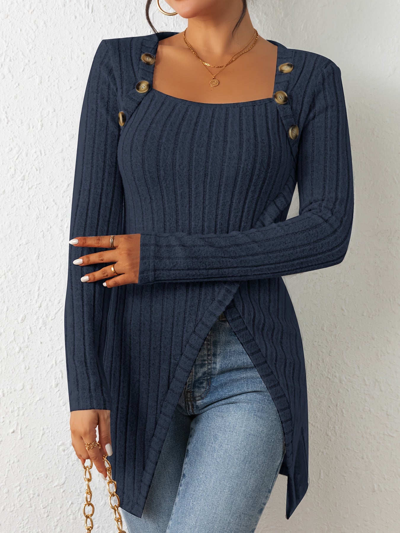 Chic Ribbed Long Sleeve Top with Unique Button Accent - Asymmetrical Hem - Perfect for Womens Spring & Fall Fashion