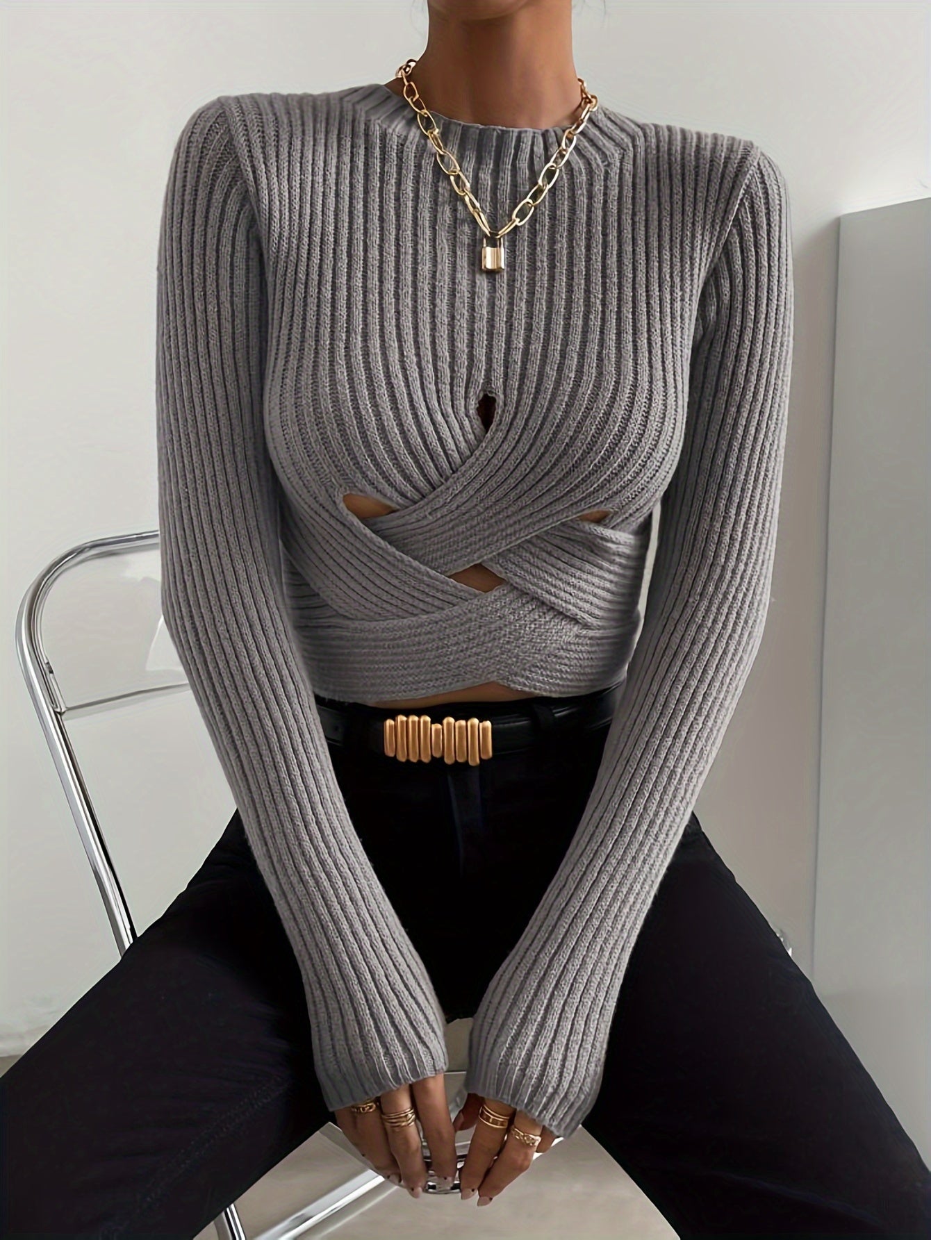 Sexy Rib Knit Slim Fit Crew Neck Pullover - Long Sleeve Sweater