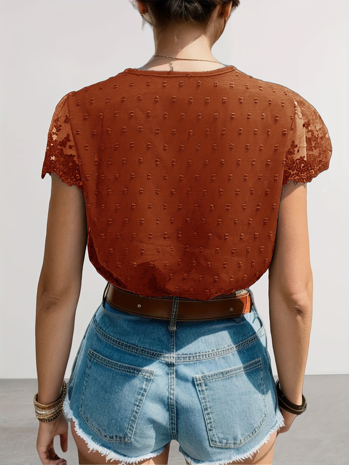 Swiss Dot Contrast Lace Blouse, Vacation V-neck Short Sleeve Button Front Blouse, Women's Clothing