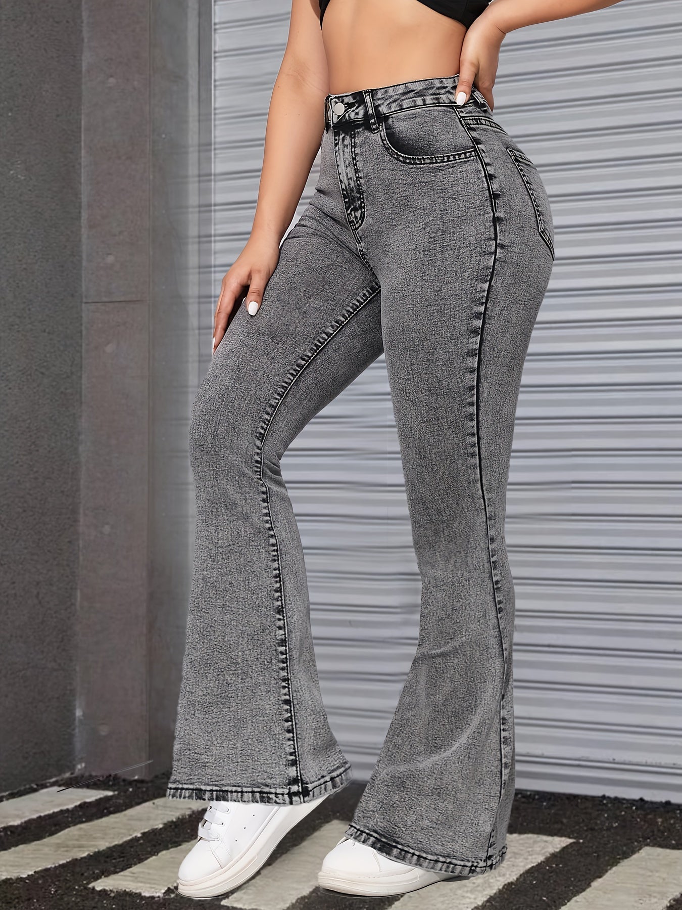 Washed Grey Flare Leg Casual Style Zipper Button Closure Denim Jeans