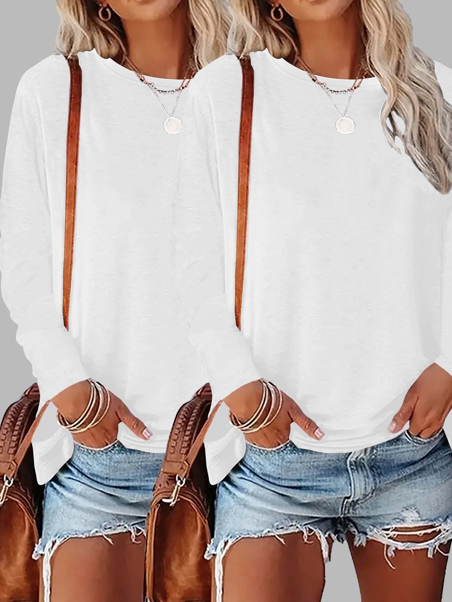 Paquete de 2 camisetas de cuello redondo y manga larga en colores sólidos vibrantes
