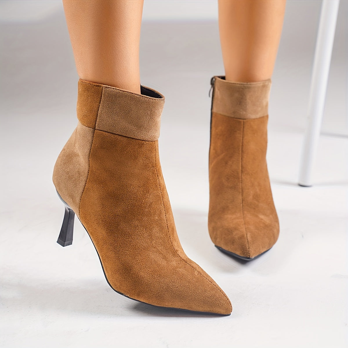 Stylish Patchwork Stiletto Boots for Women - Side Zipper, Pull-On Design, Pointed Toe, Banquet-Ready, Elegant Heel, Comfortable Fit