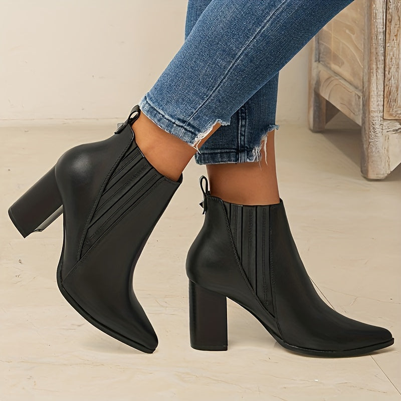Botas de moda de color sólido para mujer, botines casuales sin cordones con tacón grueso, botas Chelsea con punta en punta