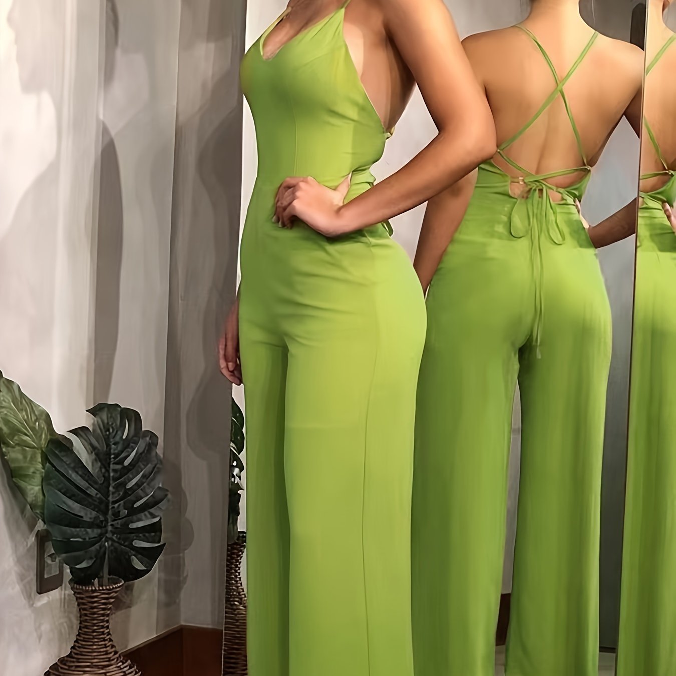 Cross Tie Back V-neck Jumpsuit, Sexy Solid Backless Jumpsuit