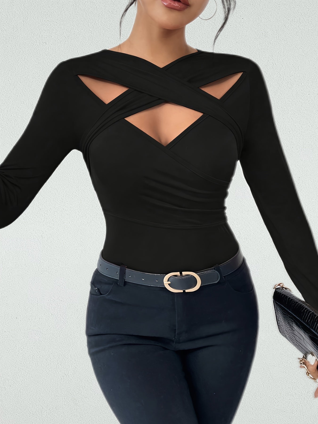 Crisscross Hollow Out Chic T-Shirt - Versatile Long Sleeve Slim Fit, Breathable, Soft, and Comfortable for Spring and Fall - Women's Fashion Clothing for Everyday Wear