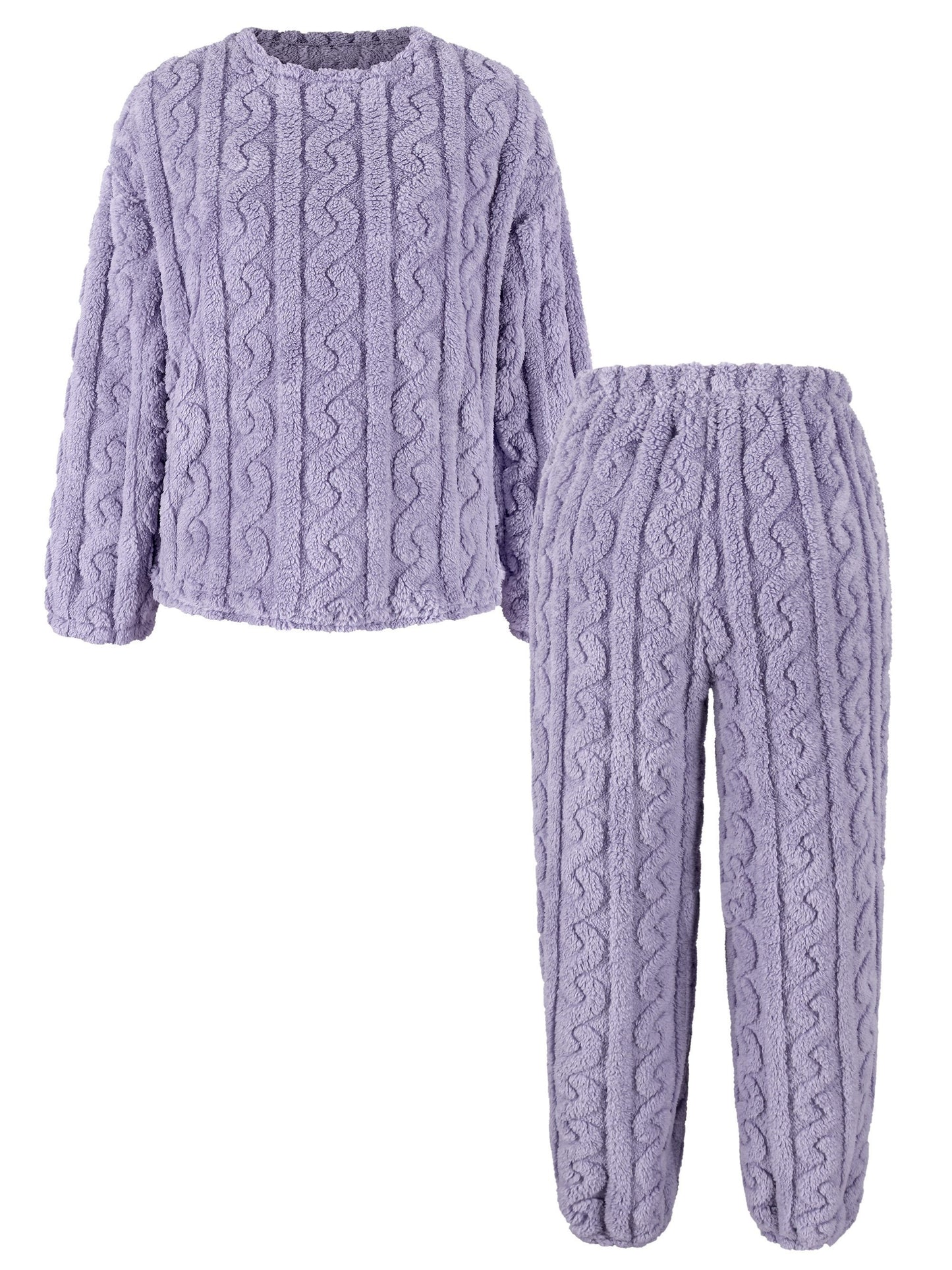 Conjunto de 2 piezas de top y pantalón de peluche texturizado de color sólido, top de cuello redondo de manga larga y pantalones deportivos con cintura elástica