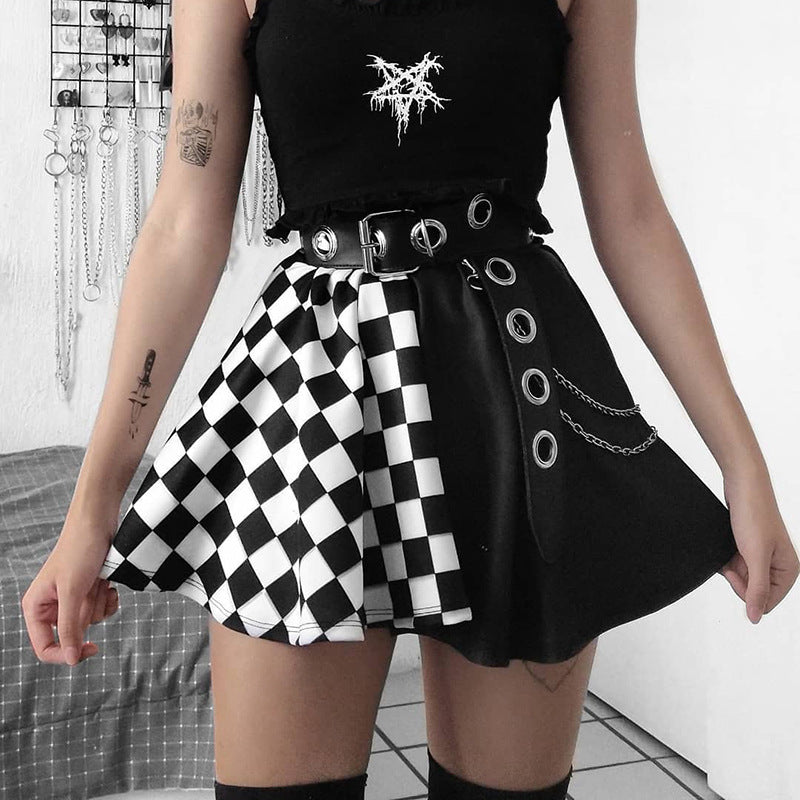 Chessboard Print Splicing Skirt, Gothic Ruched Punk Mini Skirt Without Belt, Women's Clothing
