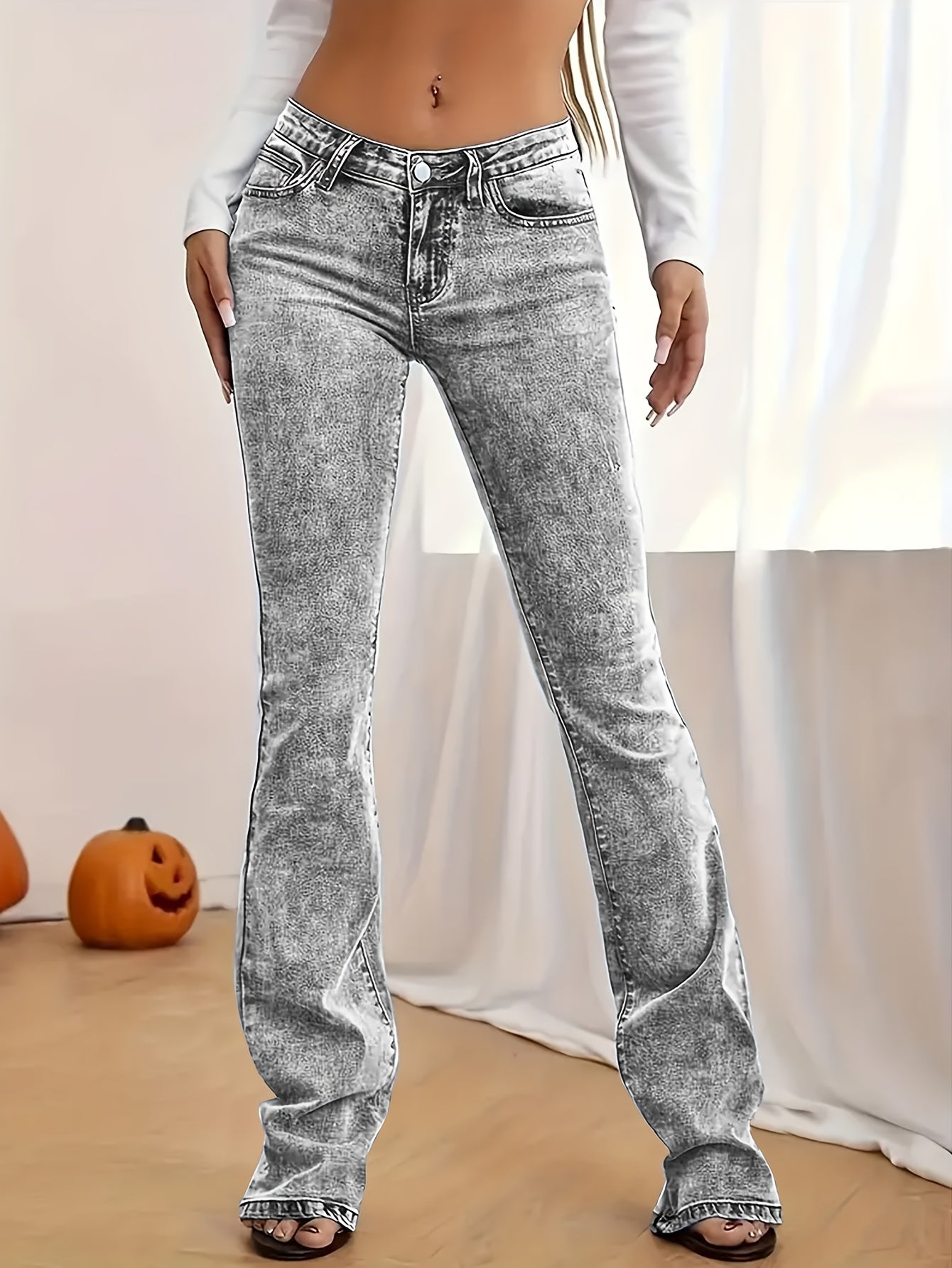 Women'S Casual Skinny Flare Jeans, 70% Viscose 24% Polyester 6% Spandex, Long Length, Low Waist, Button Fly, Medium Stretch
