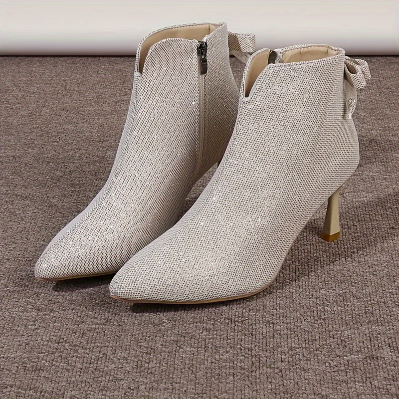 Chic Glitter Stiletto Boots for Women - Elegant Bowknot, Pointed Toe, All-Season Zip-Up Dress Boot