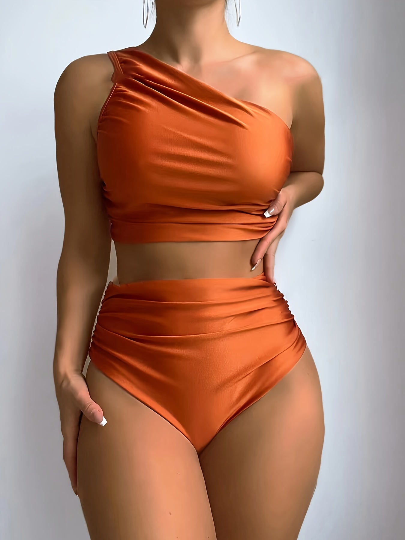 Women'S Sexy One-Shoulder Black Bikini Set - High Stretch Polyamide & Elastane, Solid Color Swimsuit with Frill Detail, Sleeveless, Swimwear Essentials | One Shoulder Bikini | Stretchy Fabric