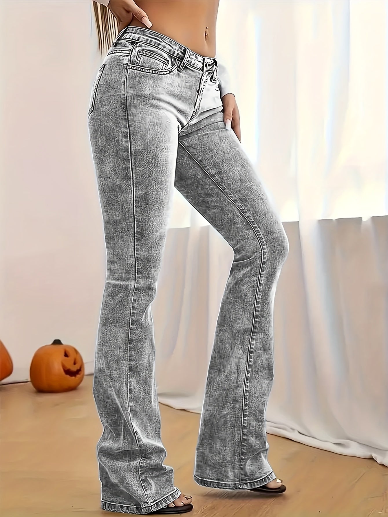 Women'S Casual Skinny Flare Jeans, 70% Viscose 24% Polyester 6% Spandex, Long Length, Low Waist, Button Fly, Medium Stretch