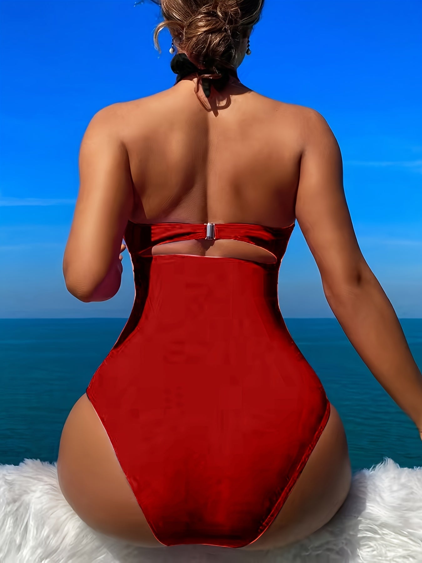 Elegant Black Halter One-Piece Swimsuit for Women - Sexy Backless Design with Removable Pads, High Waist, Tummy Control, Nylon/Elastane Blend