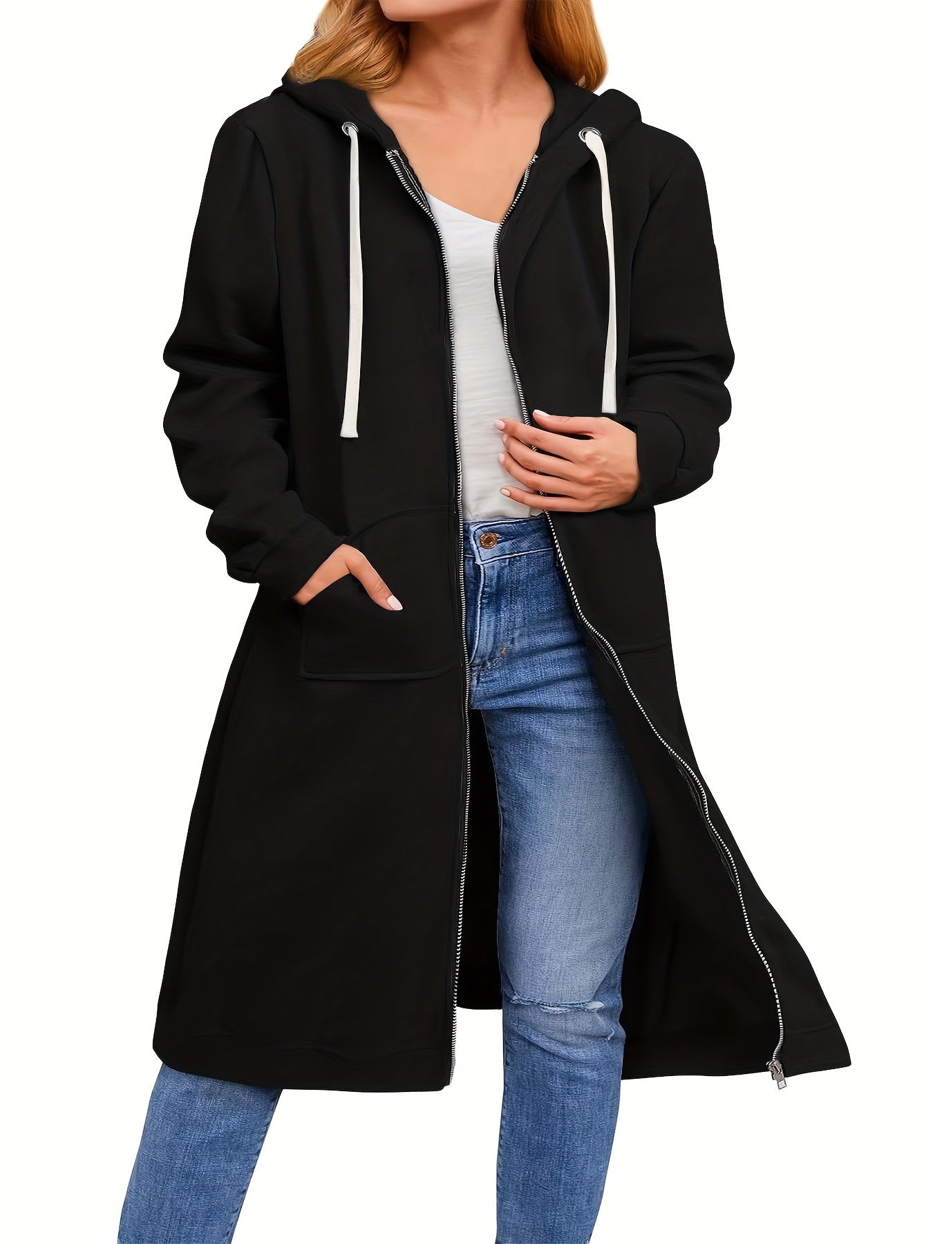 Plus Size Womens Cozy Hooded Sweatshirt - Soft Slight Stretch Zipper Front Drawstring Long Sleeve Casual Hoodie Coat with Pockets for All Seasons