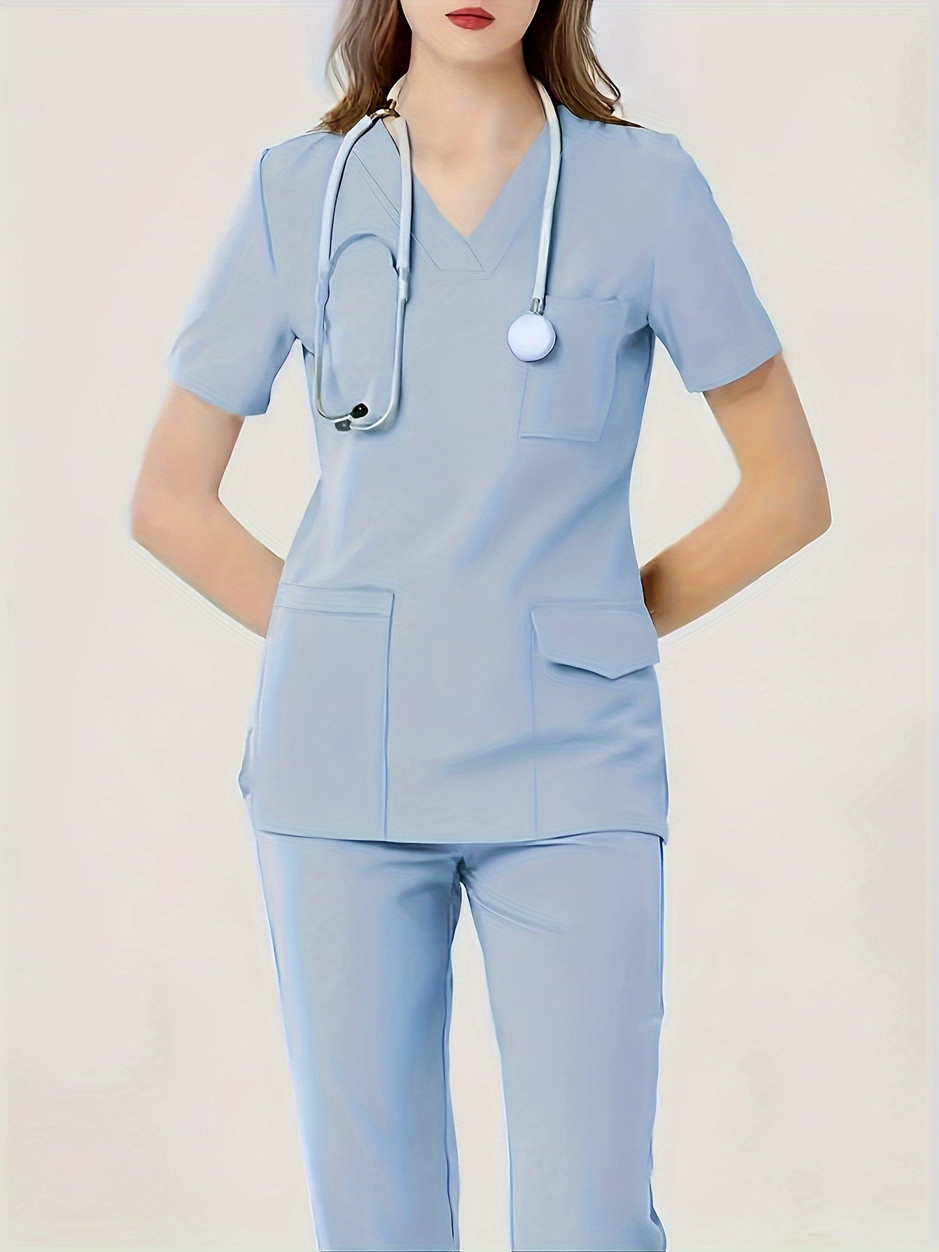 Ultra-Soft Womens Two-Piece Health Care Uniform Set - Stylish V-Neck Top With Practical Pockets & Sleek Solid Pants - Premium Quality, Comfortable Everyday Wear For Women