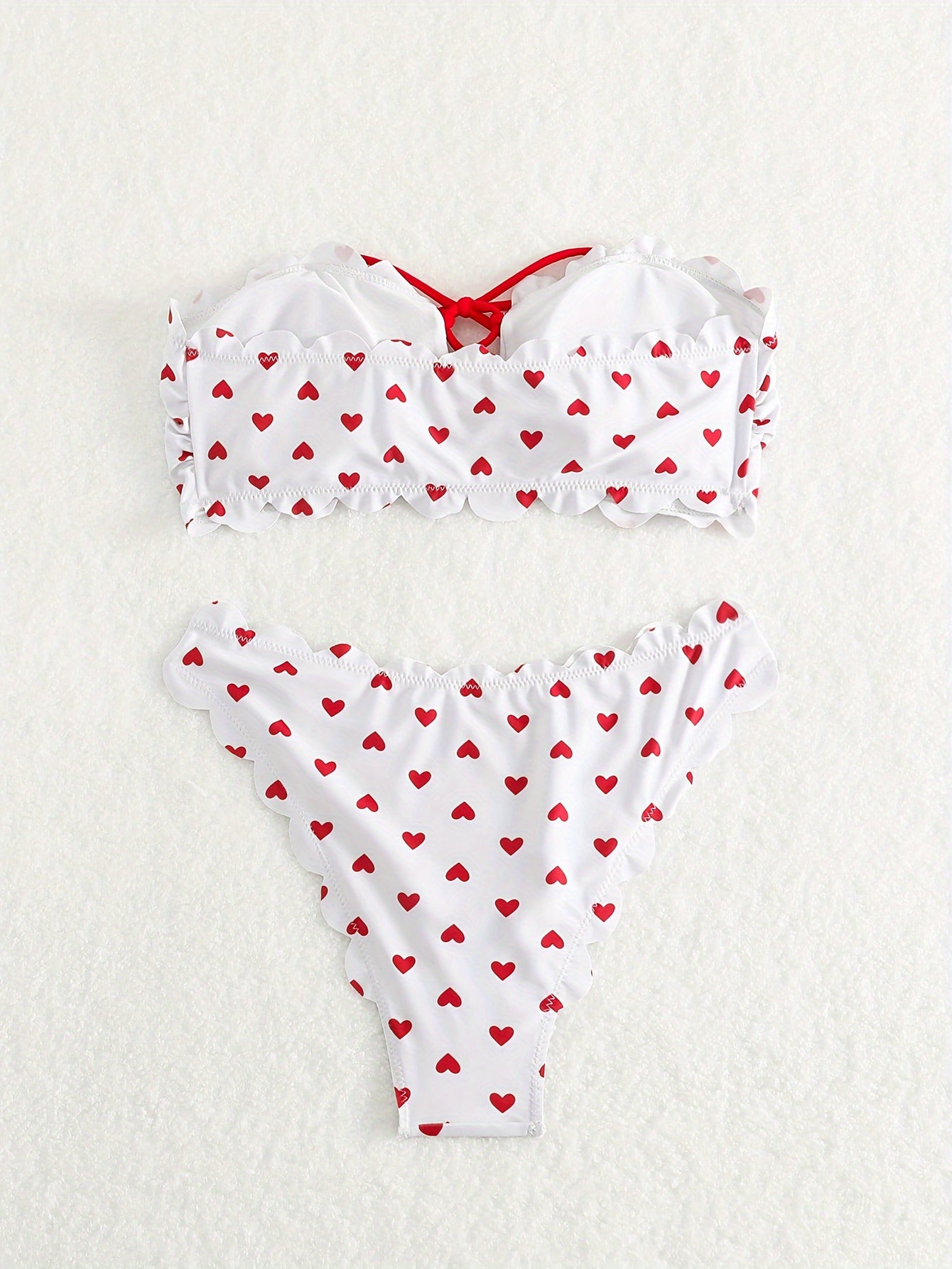 Heart Pattern Bandeau 2 Piece Set Bikini, Tube Top Scallop Trim Tie Front High Cut Swimsuits - Polyester & Spandex