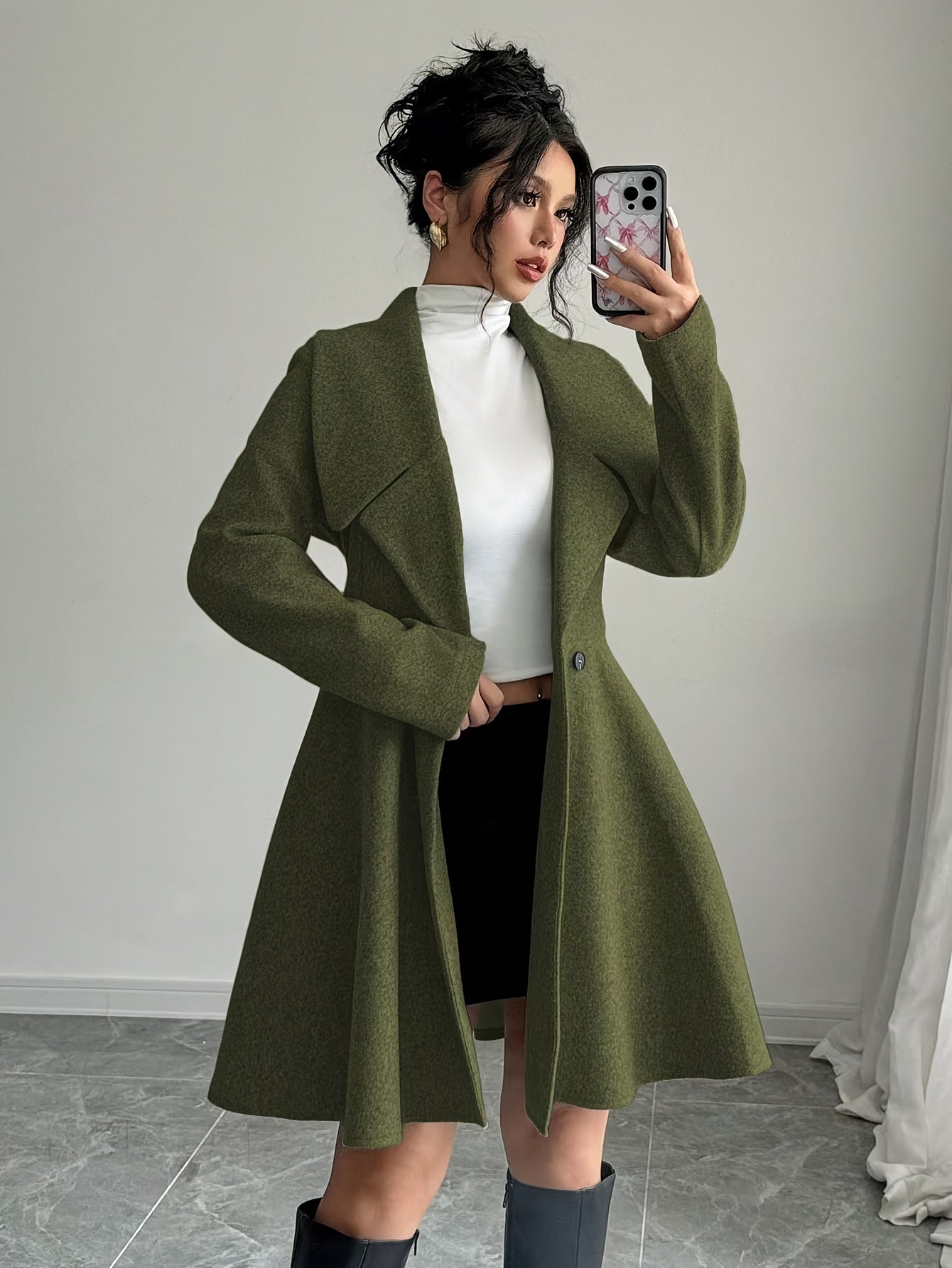 1 abrigo elegante de mujer de color liso con cuello alto, manga larga y doble botonadura, tejido de poliéster para otoño/invierno con detalle de botones