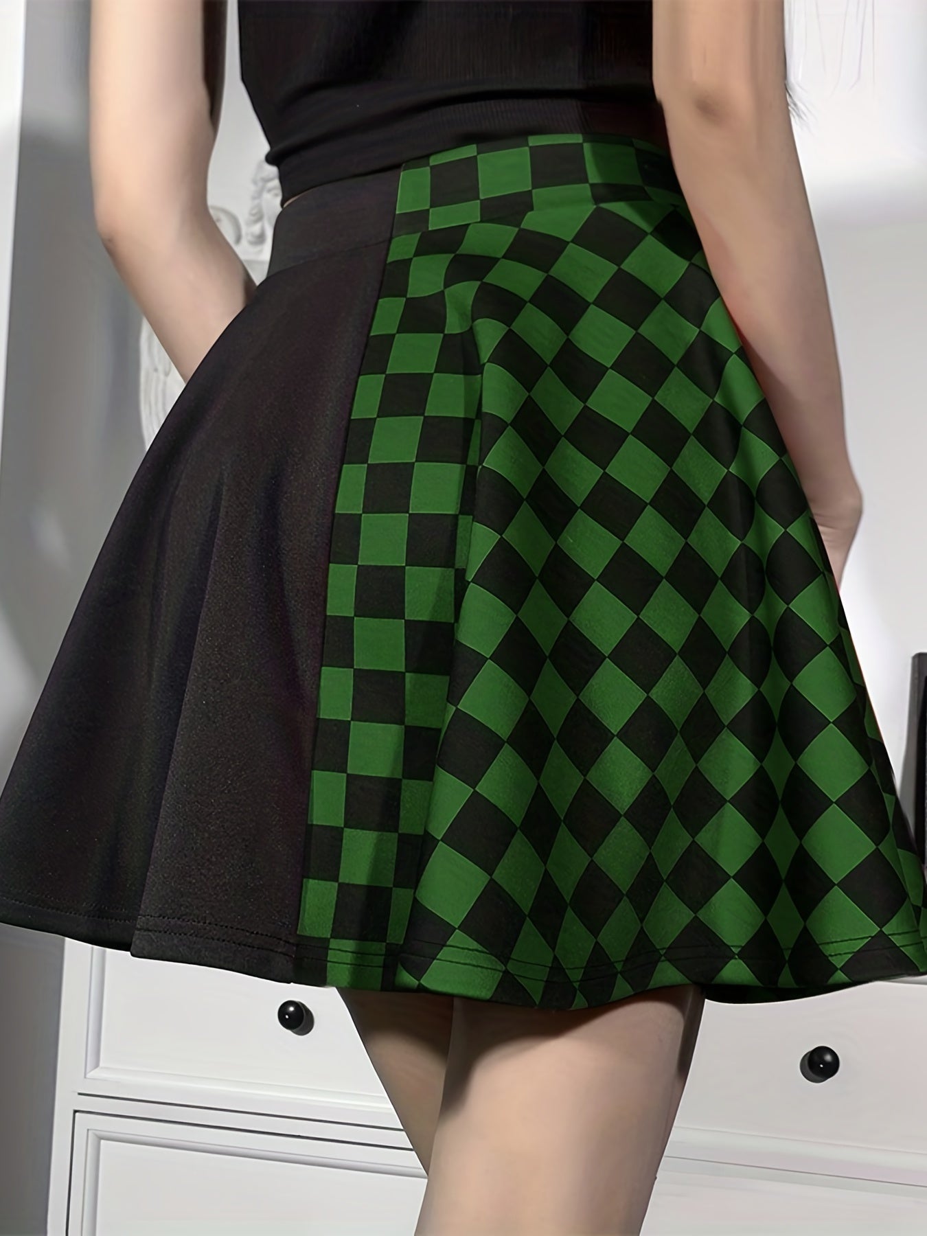 Chessboard Print Splicing Skirt, Gothic Ruched Punk Mini Skirt Without Belt, Women's Clothing