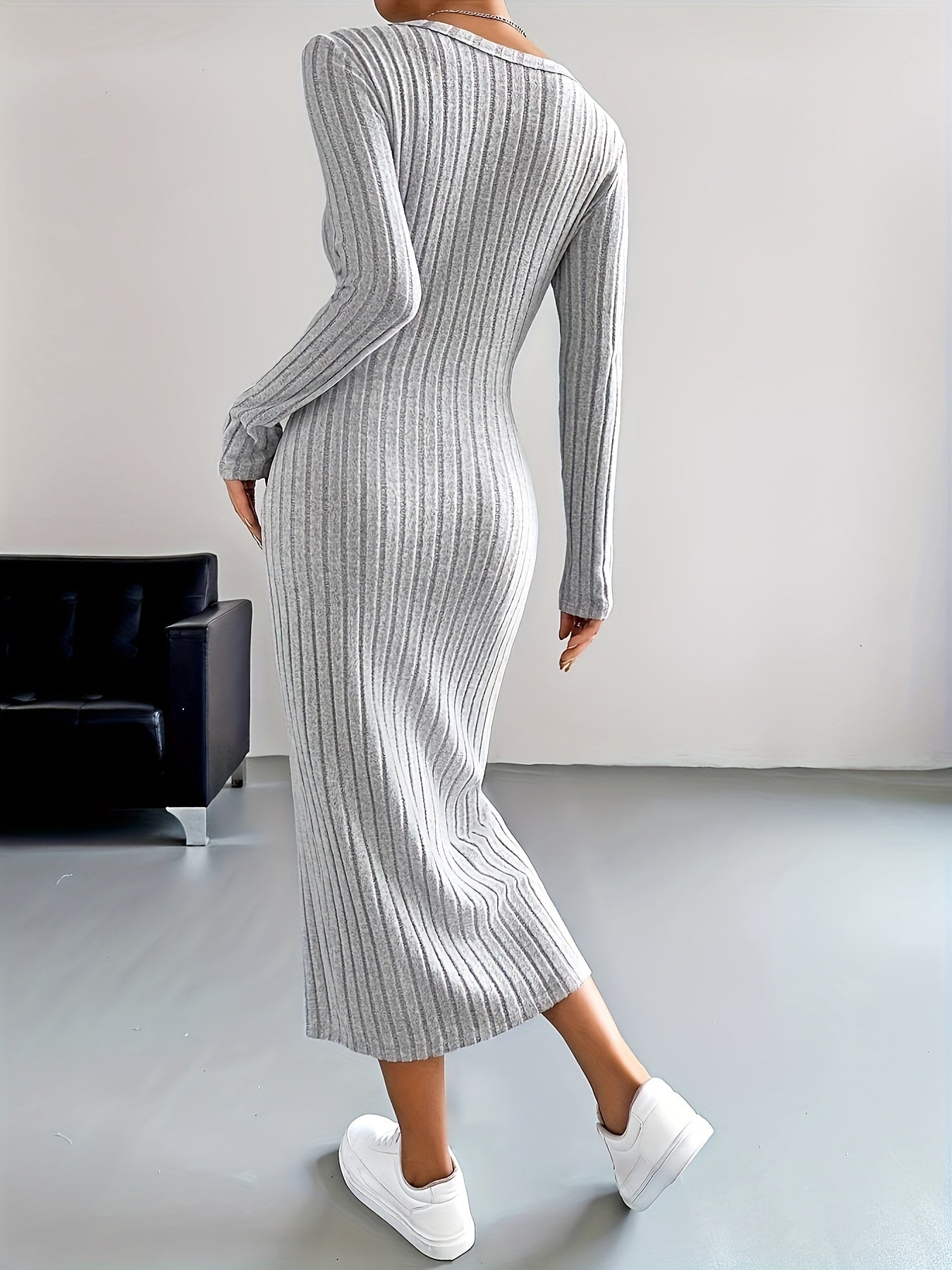 Ribbed Button Front Dress, Casual Long Sleeve V Neck Dress, Women's Clothing
