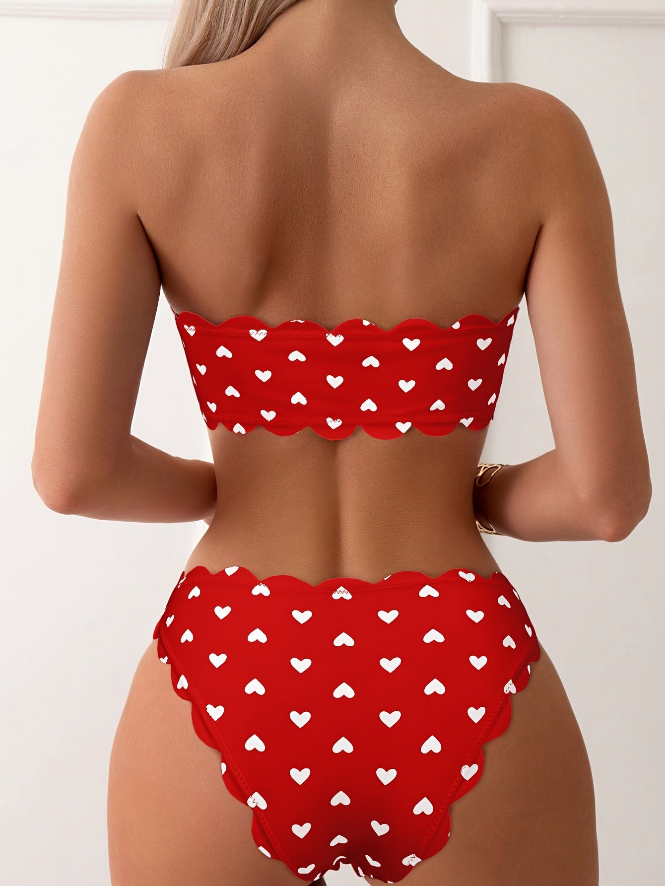 Heart Pattern Bandeau 2 Piece Set Bikini, Tube Top Scallop Trim Tie Front High Cut Swimsuits - Polyester & Spandex