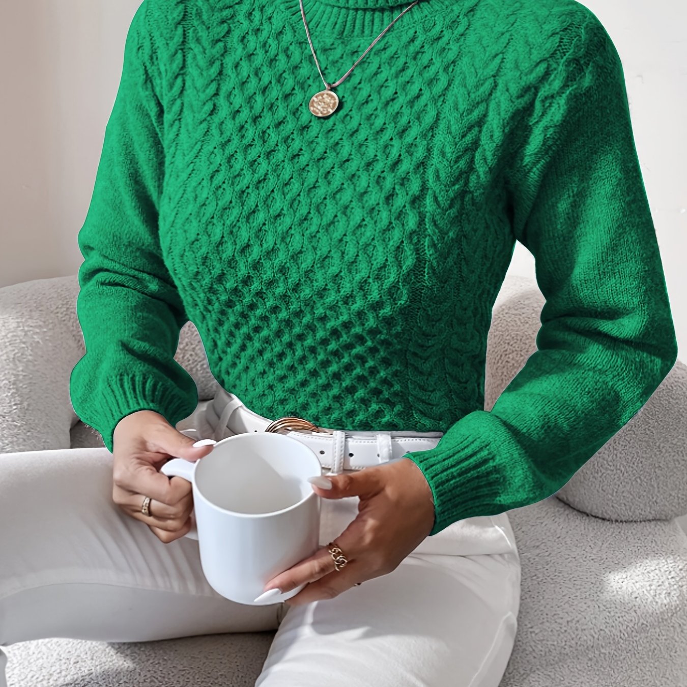 Suéter de manga larga de color sólido, suéter informal de cuello alto para invierno y otoño
