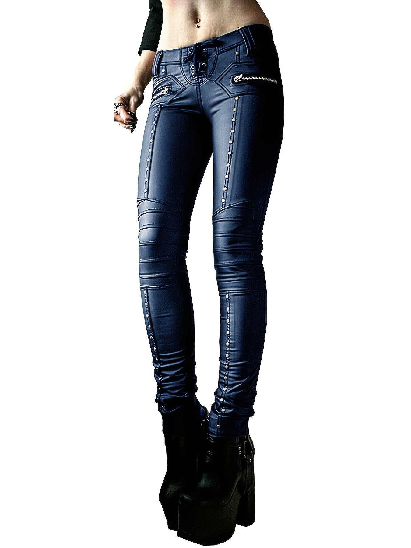 Leggings de cuero sintético para mujer, pantalones góticos punk ajustados de cuero PU, pantalones ajustados con tachuelas y tiro medio