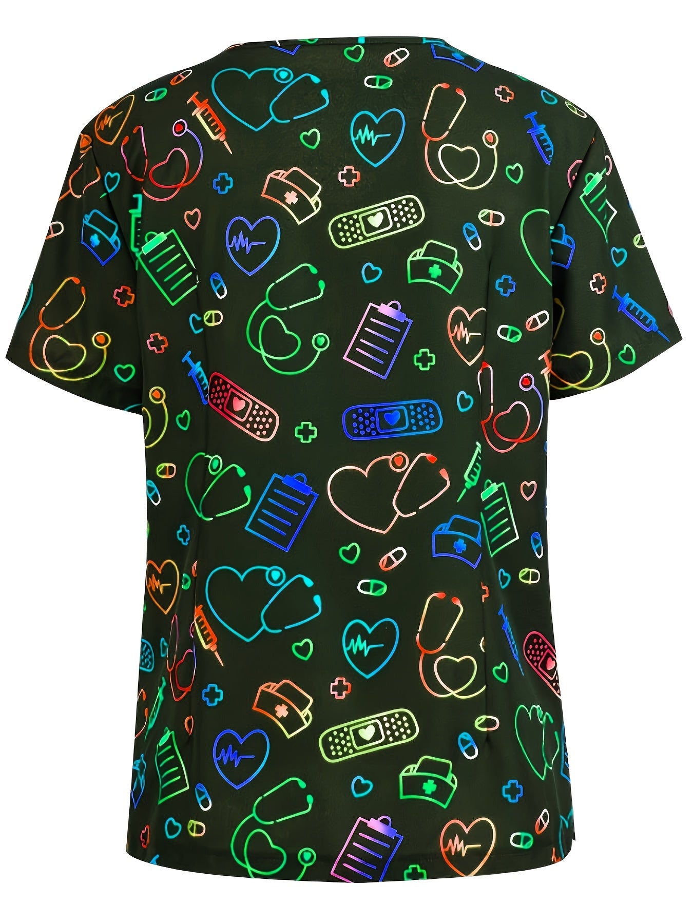 Blusas médicas con cuello en V y estampado de corazones, elegantes uniformes de enfermera con bolsillos de parche y manga corta, ropa para mujer