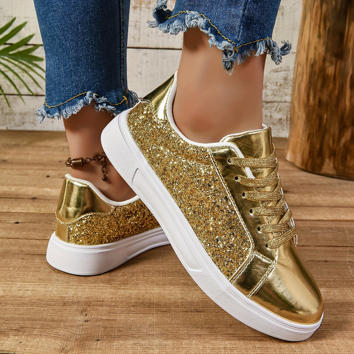 Vibrant Sparkly Sequins Low Top Sneakers - Comfortable Lace-Up Fabric Insole EVA Sole Microfiber Shoes for Everyday Casual Walking and Fashion Wear