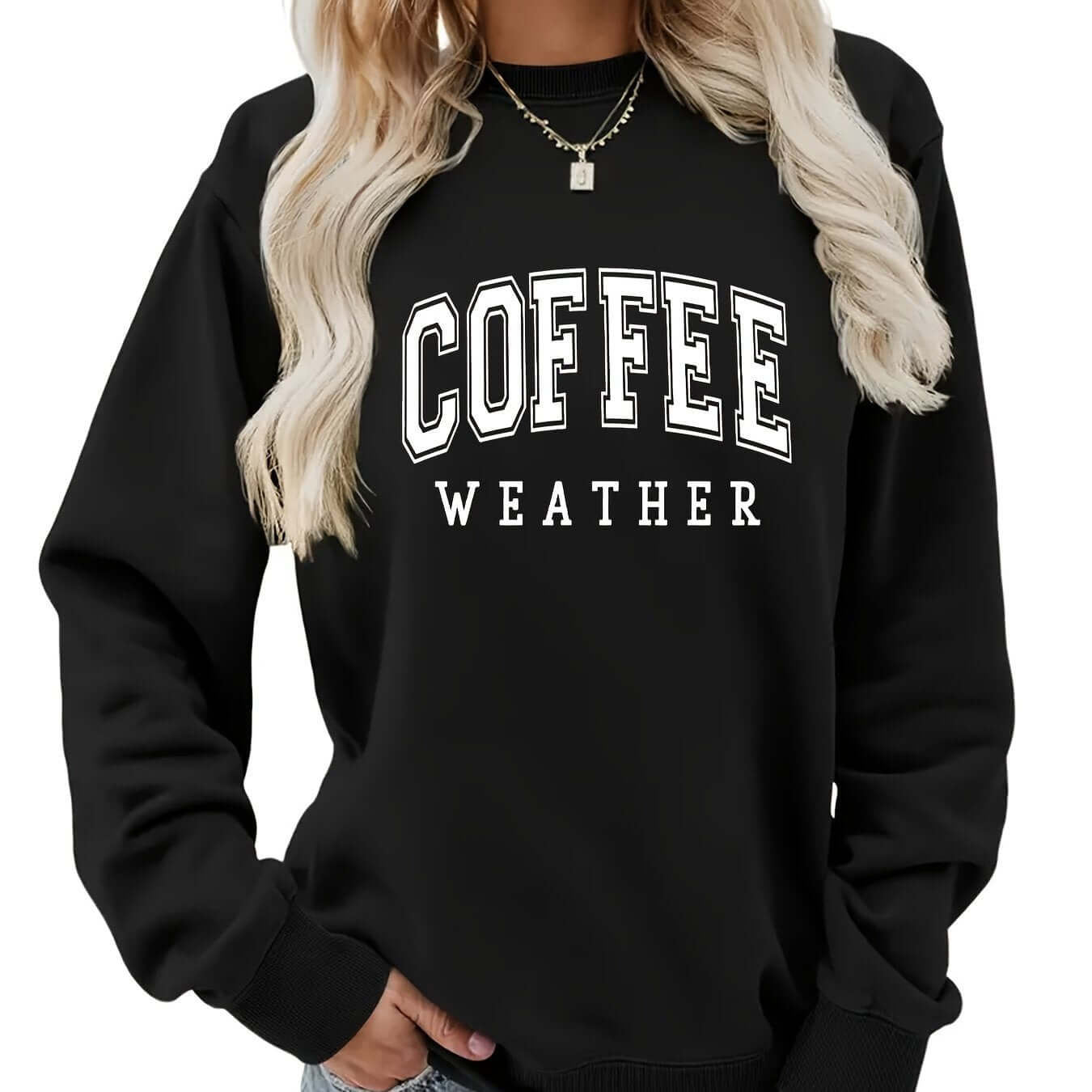 Sudadera con estampado de café de talla grande, sudadera informal de cuello redondo y manga larga
