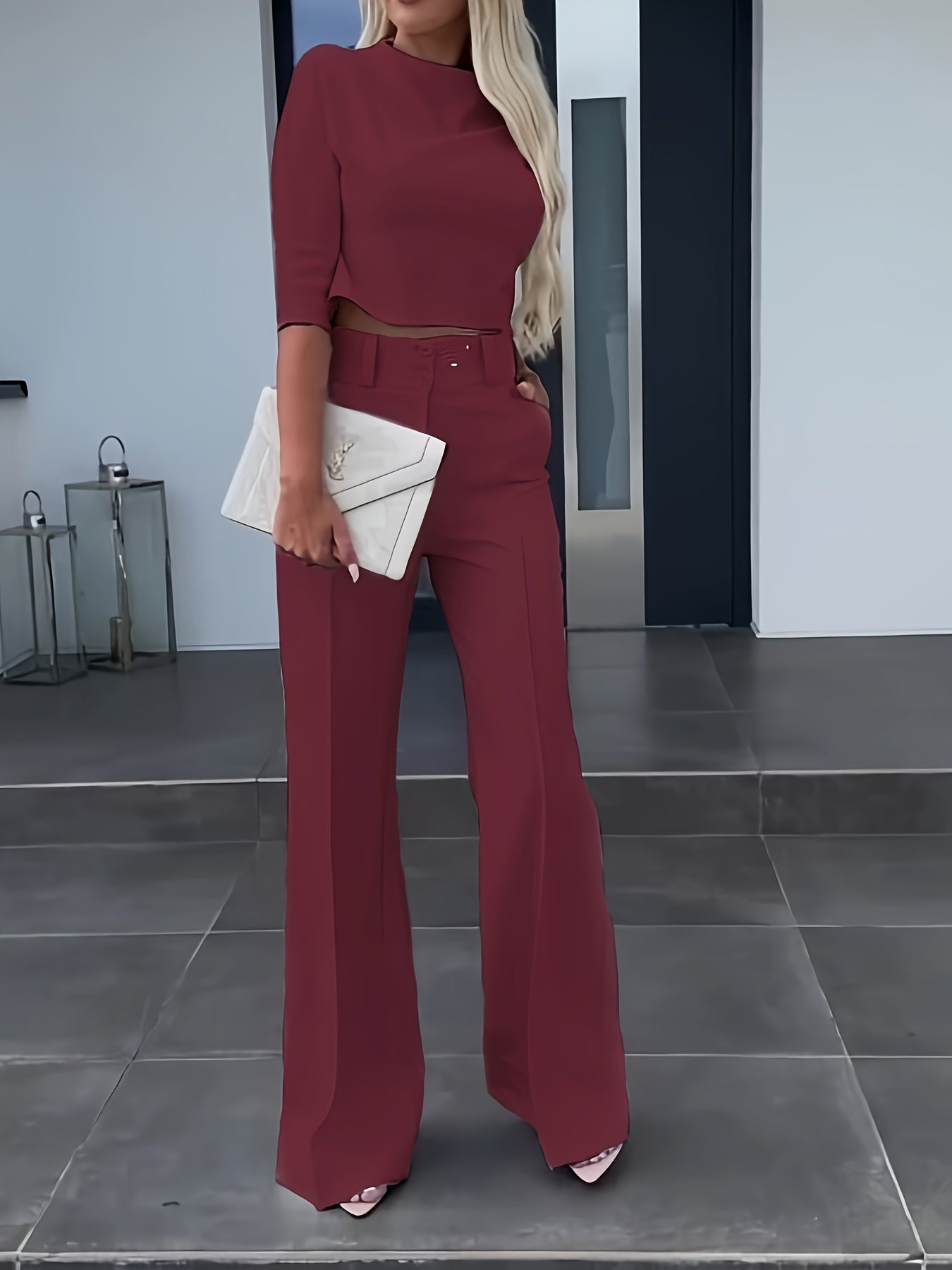 Two-Piece Solid Color Jacket and High Waist Straight Pants Set