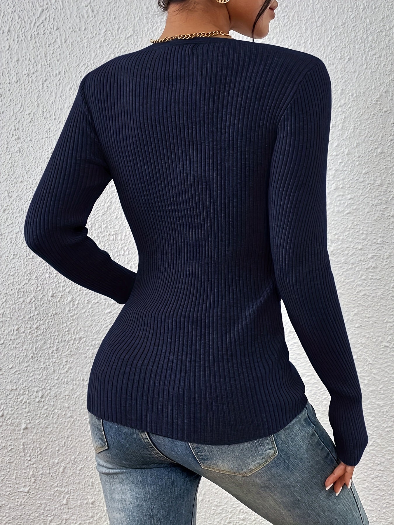 V-Neck Elegant Solid Ribbed Sweater
