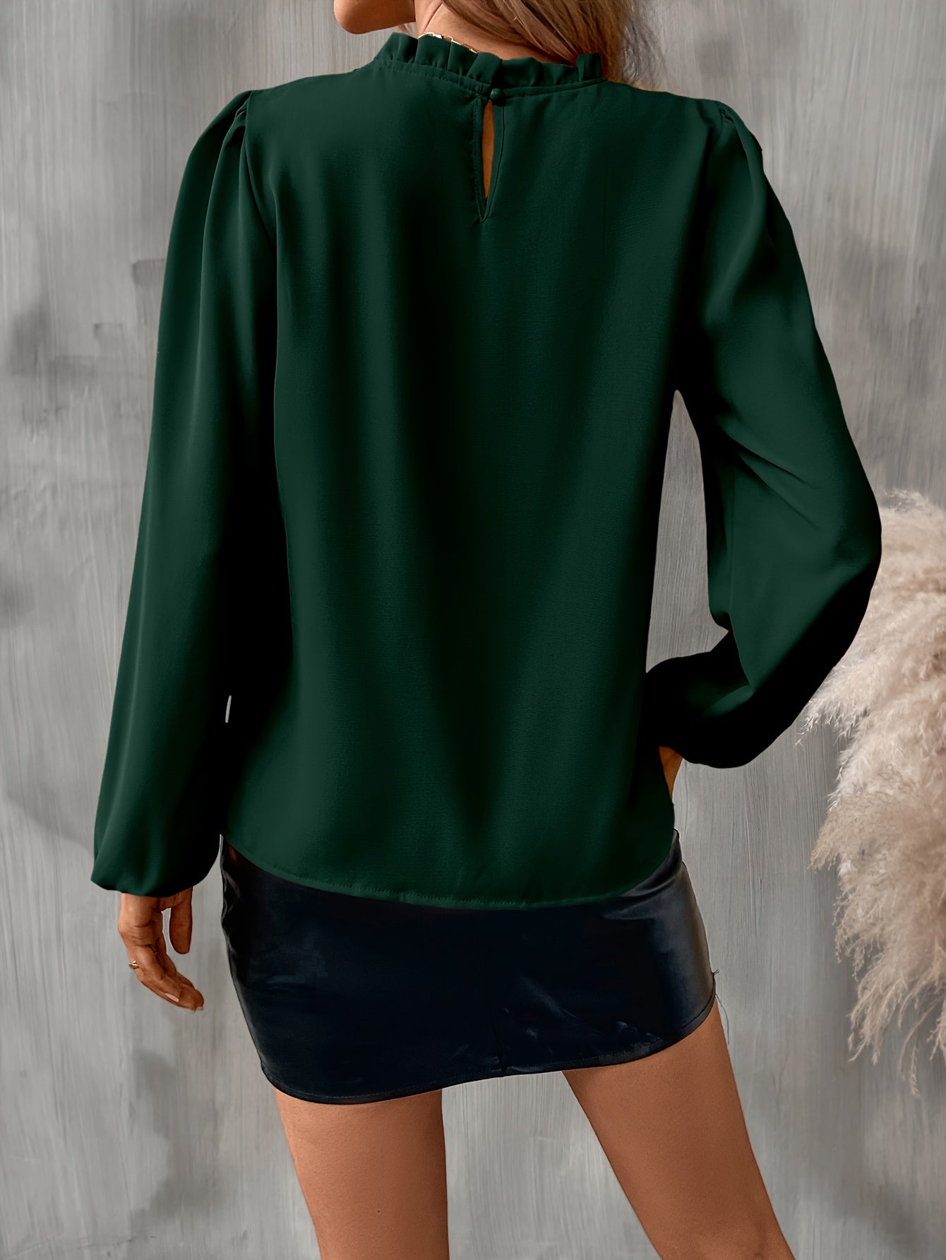 Vibrant Solid Lantern Sleeve Top - Ruffled Crew Neck, Relaxed Fit, Breathable Fabric, Perfect for Spring & Summer, Womens Casual Clothing for Everyday Wear