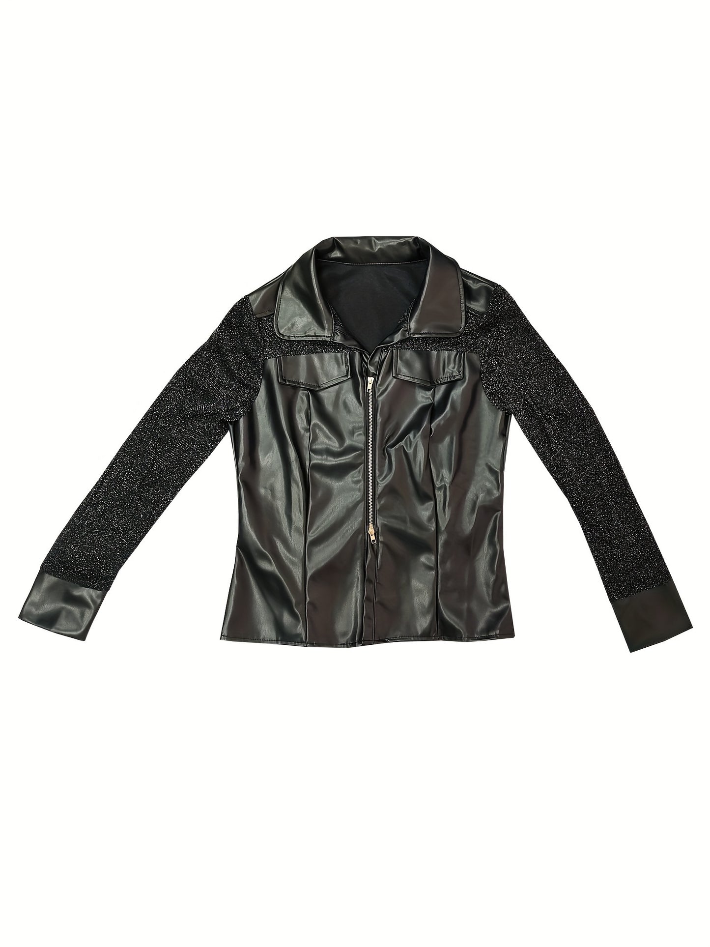 Blusa de piel sintética con botones en la parte delantera, elegante blusa ajustada de técnica mixta con mangas largas tipo ilusión para primavera y verano, ropa de mujer