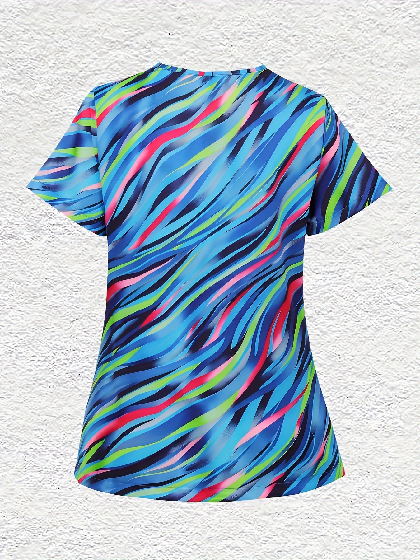 Vibrant Striped Print V-Neck Short Sleeve T-Shirt - Functional Patched Pockets, Breathable Fabric, Casual Comfortable Design - Ideal Health Care Uniform for Nurses, Women's Clothing
