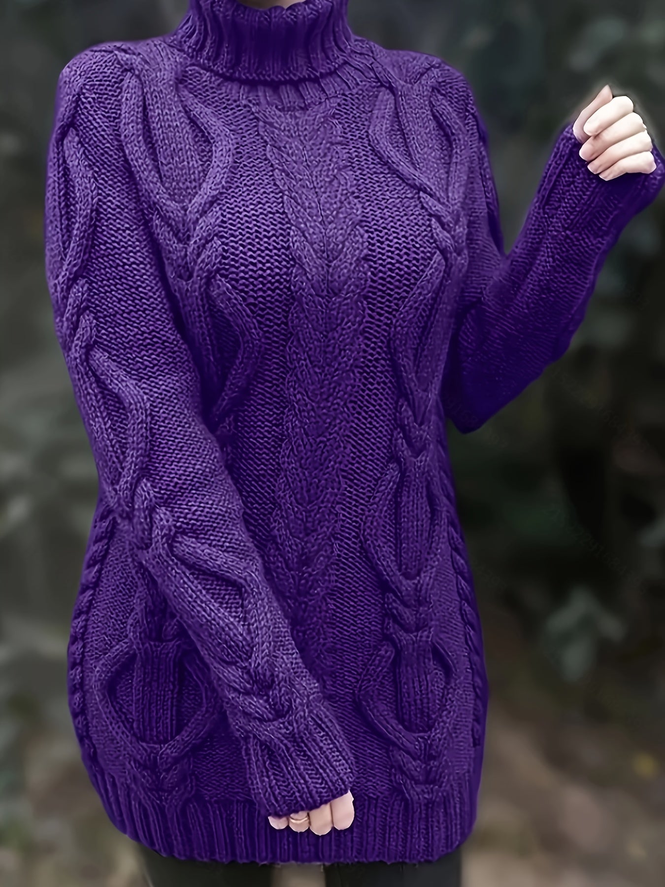 Cozy Solid Color Cable Knit Sweater for Women - Elegant Turtleneck Polyester Fall/Winter Essential