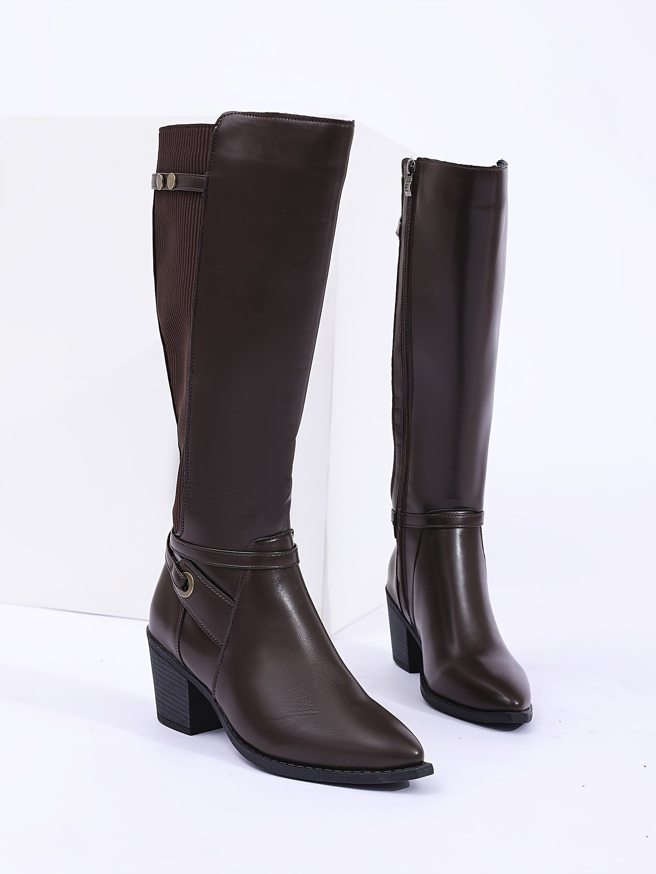 1 par de elegantes botas altas hasta la rodilla de color liso para mujer, punta puntiaguda, tacón de bloque, cierre de cremallera lateral, forro de tela cómodo, suela de goma, botas de vestir para todas las estaciones