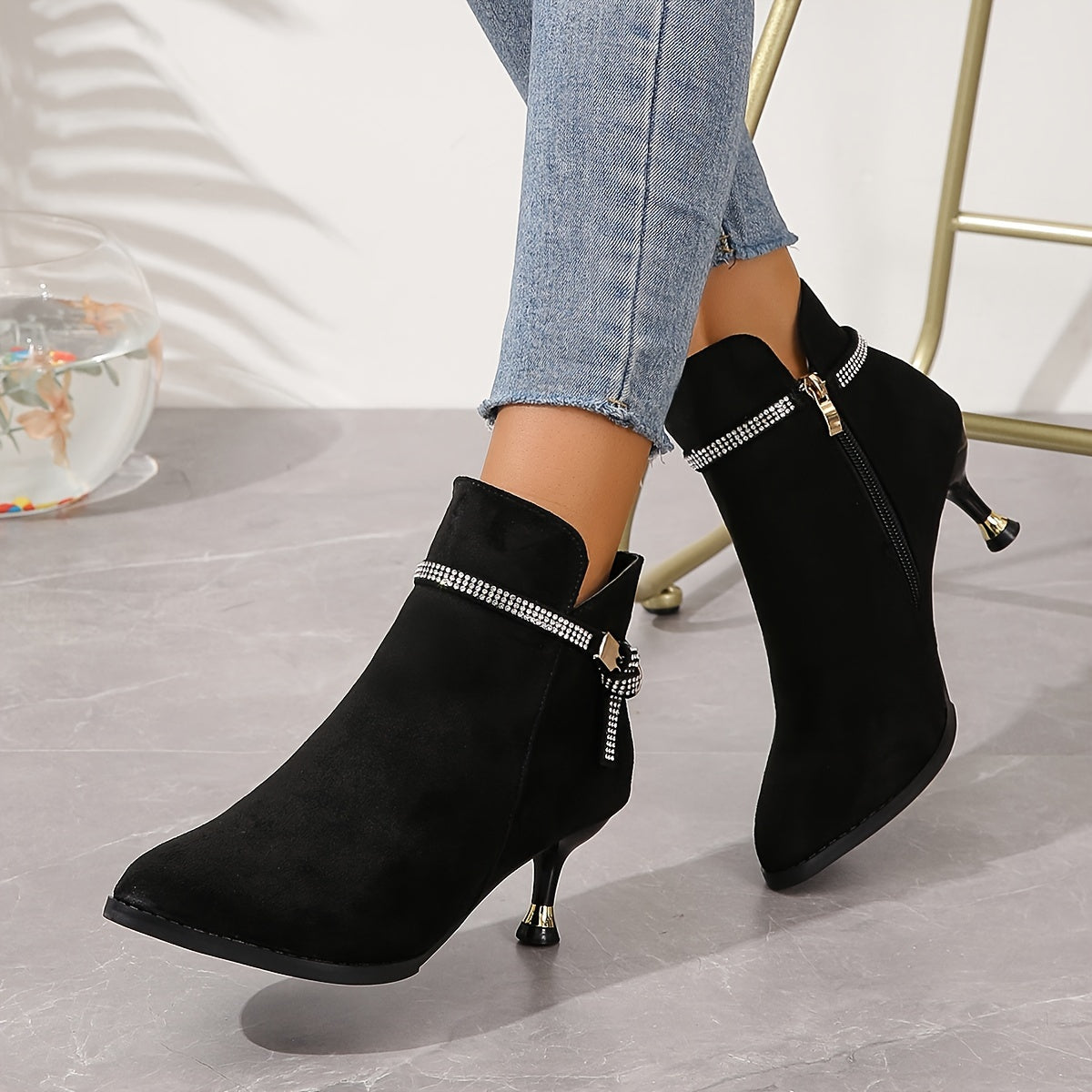 Dazzling Rhinestone Stiletto Heeled Boots - Fashion-Forward Womens Pointed Toe Dress Boots with Comfortable Fit & Smooth Side Zipper - For Glamorous Evening Outfits