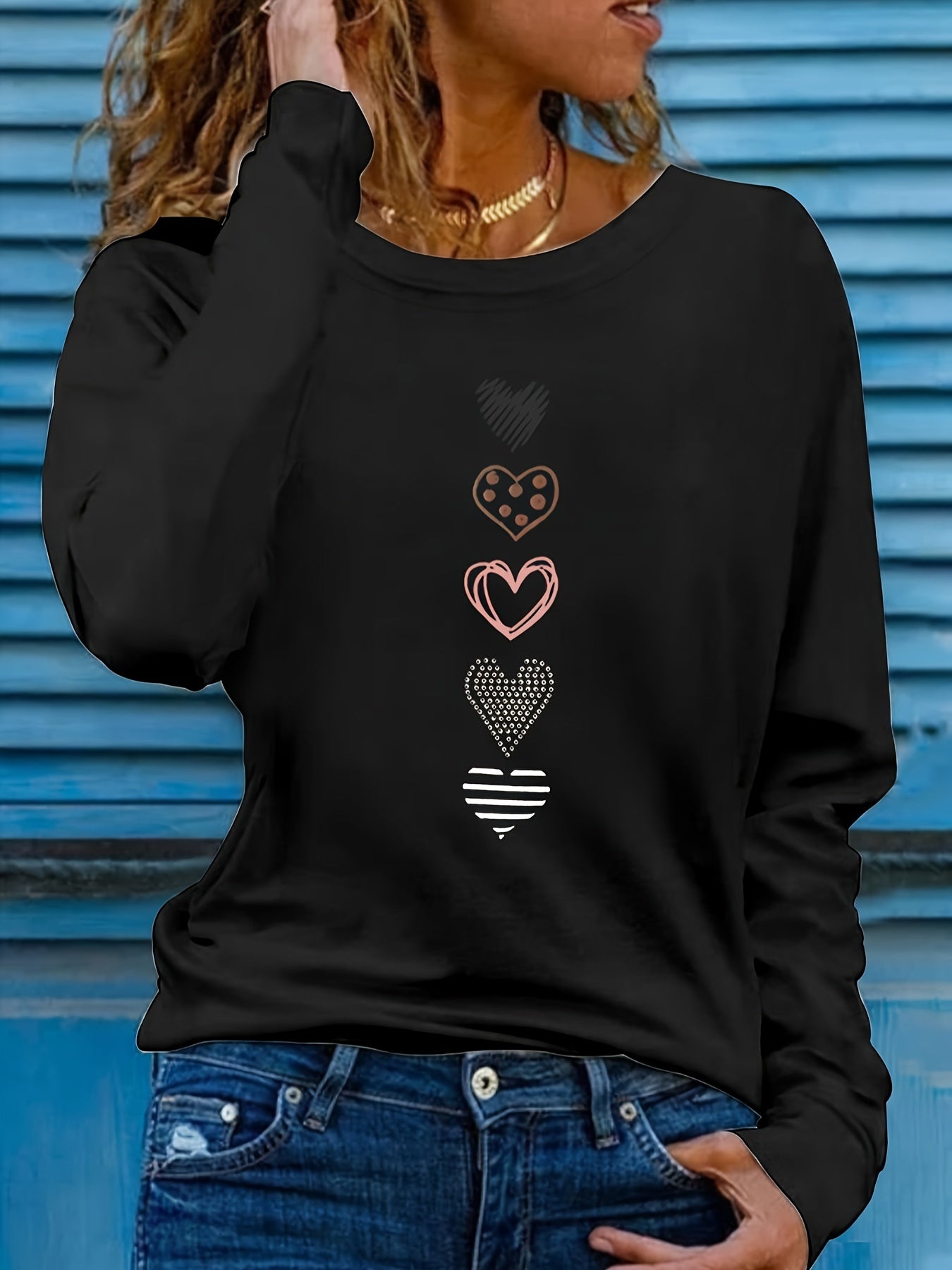Plus Size Casual T-shirt - Adorable Heart Pattern Print, Comfortable Long Sleeves, Classic Round Neckline, Medium Stretch for a Flattering Fit - Designed Specifically for Women