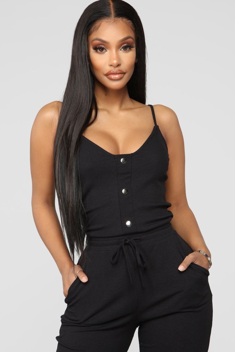 Sexy Long Length Sleeveless Drawstring Spaghetti Jumpsuit - Button Front, Solid Color, Comfortable and Relaxed Fit - Womens Fashion Clothing for Summer and Casual Occasions