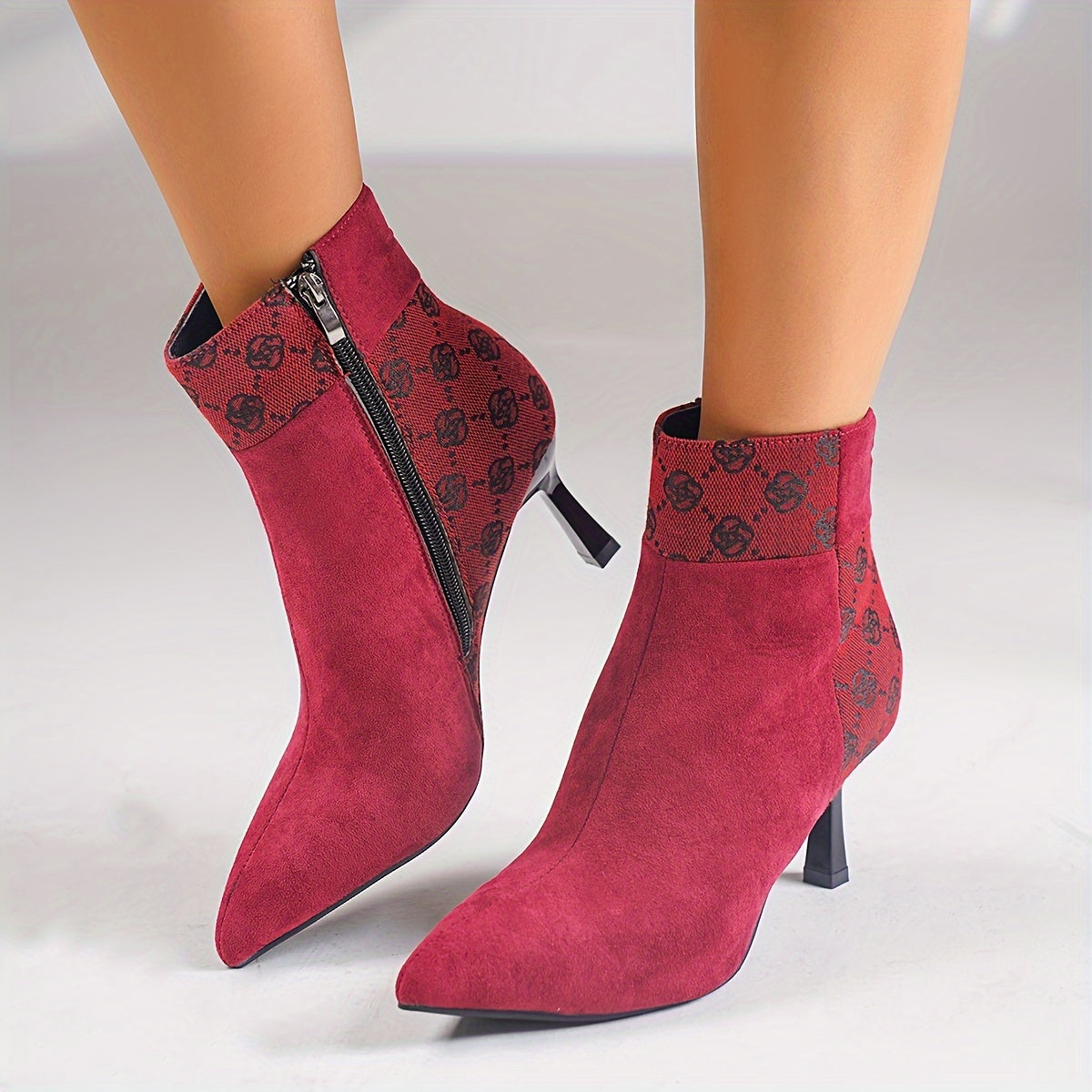 Stylish Patchwork Stiletto Boots for Women - Side Zipper, Pull-On Design, Pointed Toe, Banquet-Ready, Elegant Heel, Comfortable Fit
