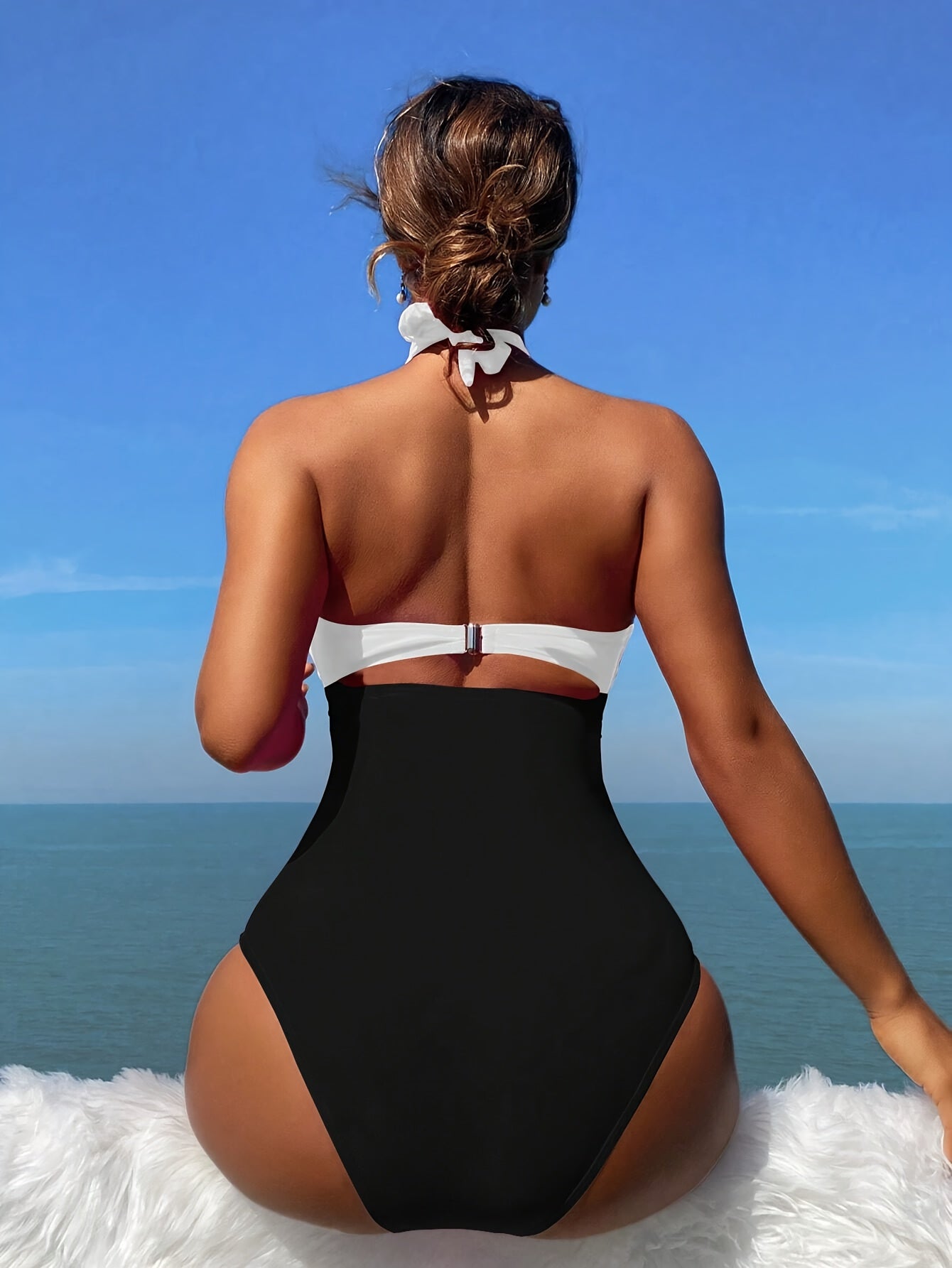 Elegant High-Waisted One-Piece Hollow-Out Bikini Set for Women, Removable Pads, Halter Neck Top, Contrast Color, Knitted Fabric, Stretchy Beach Swimwear