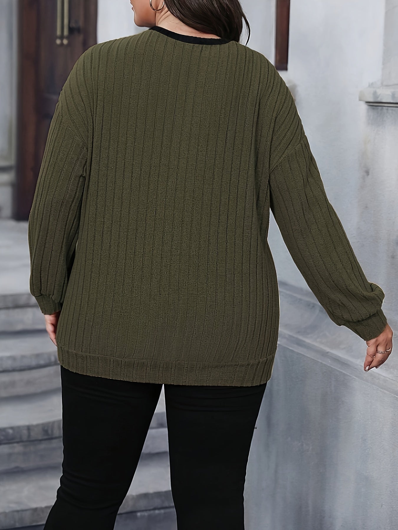 Sudadera con bloques de color y encaje en contraste de talla grande, sudadera informal de cuello redondo y manga larga