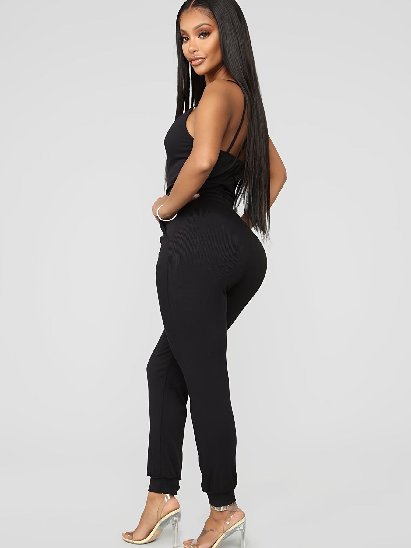 Sexy Long Length Sleeveless Drawstring Spaghetti Jumpsuit - Button Front, Solid Color, Comfortable and Relaxed Fit - Womens Fashion Clothing for Summer and Casual Occasions